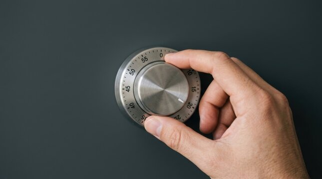 Close-up of a hand turning a combination lock dial on a safe.