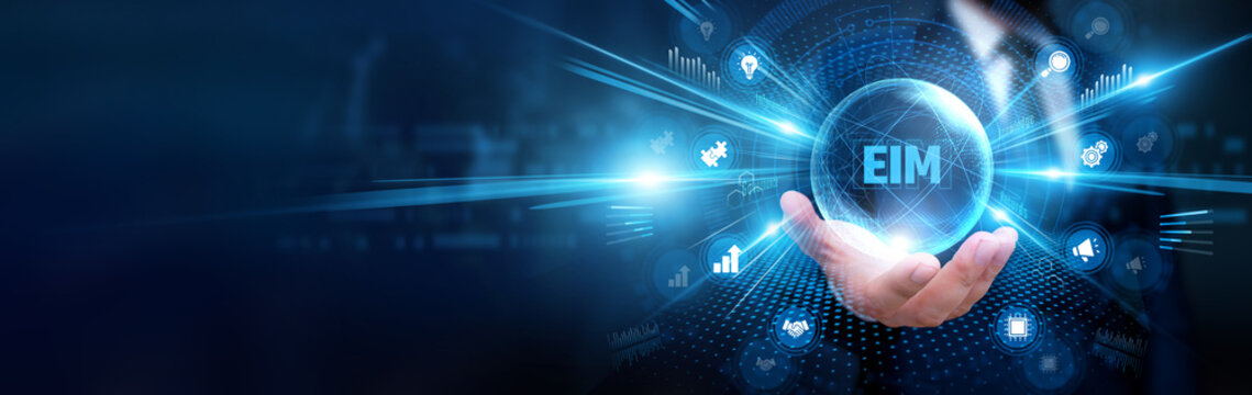 Businessman holding EIM and global information, analyzing enterprise data, managing digital records, improving information access, optimizing business knowledge and efficiency