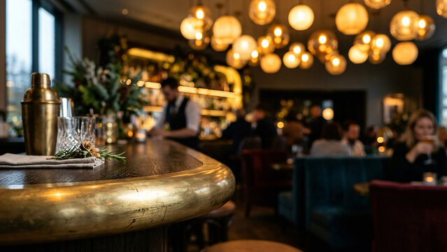 Brass cocktail bar counter bokeh for restaurant menu design