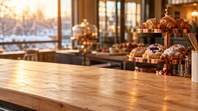 Empty wooden bakery counter table for food product display mockup