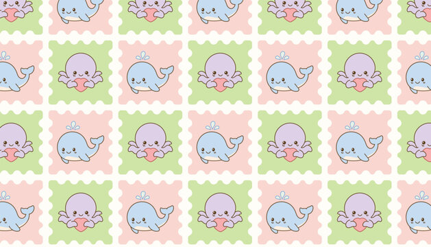 Cute whale and octopus repeating pattern background