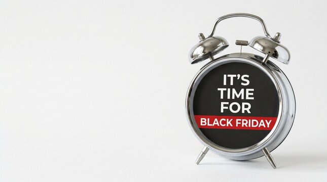 A vintage alarm clock displays a promotional message indicating that the major annual retail shopping festival known as Black Friday has finally arrived for consumers seeking significant