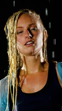 Close up portrait of a beautiful blond woman hip-hop dancer in the rain. Slow motion. Vertical video.