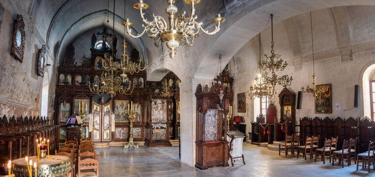 Arkadi, Greece - October 03, 2026 - Wide Panoramic Interior View of Arkadi Monastery Church
