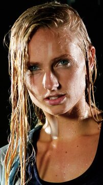 Close up portrait of a beautiful blond woman hip-hop dancer in the rain. Slow motion. Vertical video.
