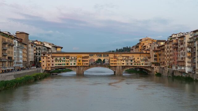 Time Lapse of the famous Ponte Vecchio and Arno River in Florence Italy at sunset.