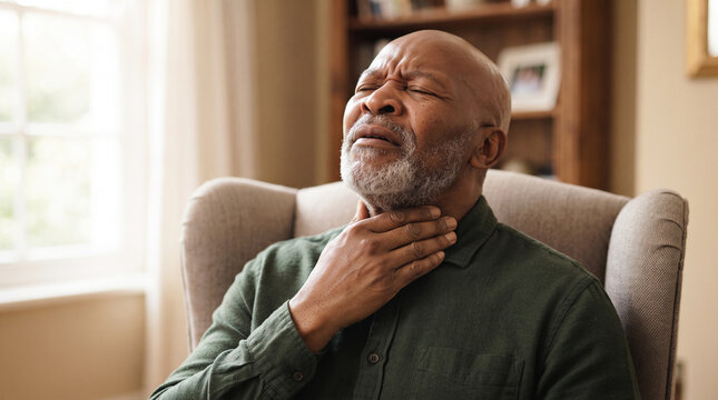 Senior man sitting in armchair touching his sore throat and feeling unwell