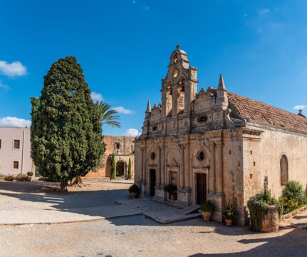 Arkadi, Greece - October 03, 2026 - Venetian Renaissance and Baroque Facade of Arkadi Monastery Church
