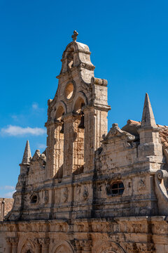 Arkadi, Greece - October 03, 2026 - Venetian Renaissance and Baroque Facade of Arkadi Monastery Church