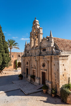 Arkadi, Greece - October 03, 2026 - Venetian Renaissance and Baroque Facade of Arkadi Monastery Church