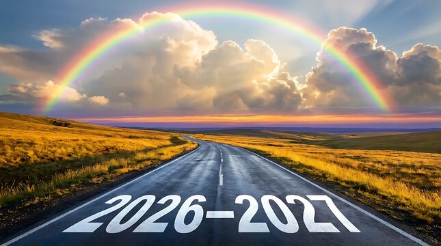 Asphalt road with 2026 to 2027 marking under a rainbow after rain transition aftermath landscape opportunity colorful pavement straight