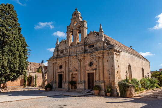 Arkadi, Greece - October 03, 2026 - Venetian Renaissance and Baroque Facade of Arkadi Monastery Church