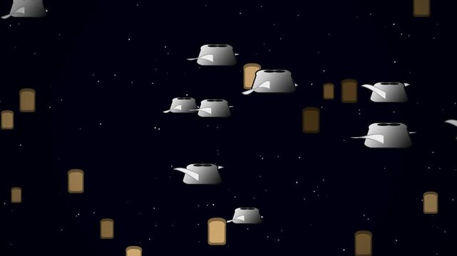 Procedural 4K motion graphics of a classic 90s screensaver featuring iconic flying silver toasters with flapping wings and bouncing burnt toasts across a starfield.