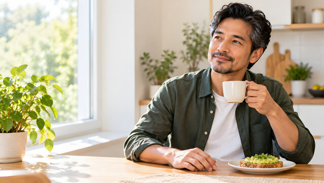 Adult man drinks coffee while seated beside a healthy meal in a bright home kitchen, highlighting mindful routine, balanced nutrition, calm morning lifestyle, and men's daily wellness.