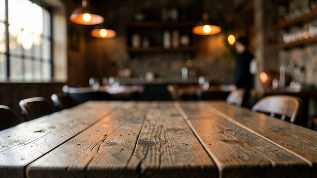 Rustic wood table for restaurant menu and food display mockup