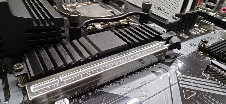 Minsk. Belarus. Sep 30. 2026 Close-up of a reinforced PCIe slot