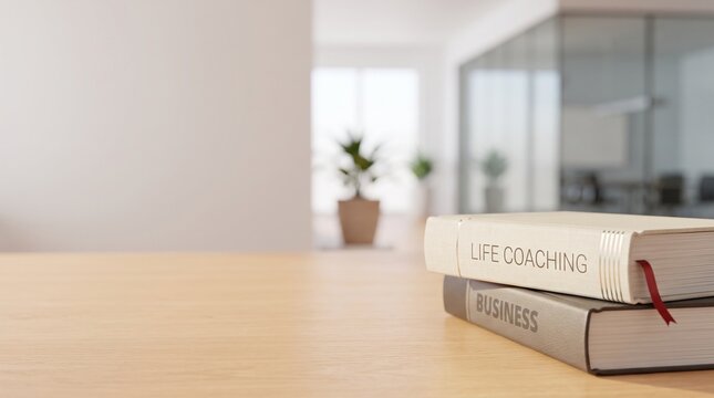 Life coaching books on wooden table, modern office background, business development background with copy space