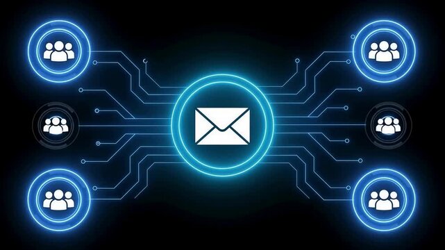 Animated digital email network graphic with glowing blue circuit lines connecting a central white envelope icon to multiple user group icons on a dark background for communication technology and email
