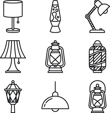 Home lighting and lantern vector icon set presenting table lamps desk lights kerosene lamps and ceiling fixtures