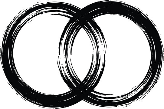 Interlocking black paint brush stroke circles vector graphic creating dynamic venn diagram shape on plain white background