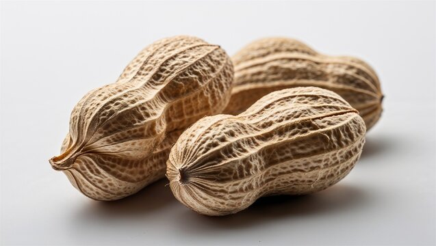 Unshelled peanuts grouped on a plain light background