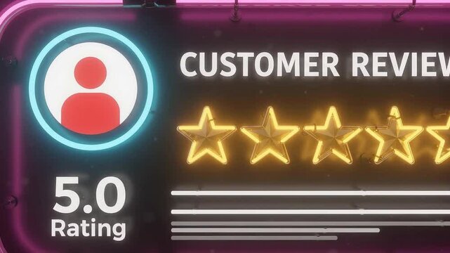 Neon Customer Review 5.0 Star Rating Animation - Glowing Pink Speech Bubble with Yellow Stars Filling Up, User Icon & Review Lines - Perfect for Testimonials, Feedback & Business Videos