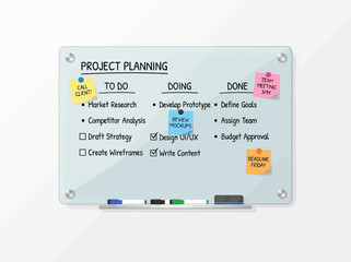 Project Planning Whiteboard with To Do Doing Done Columns and Sticky Notes © Maftuh