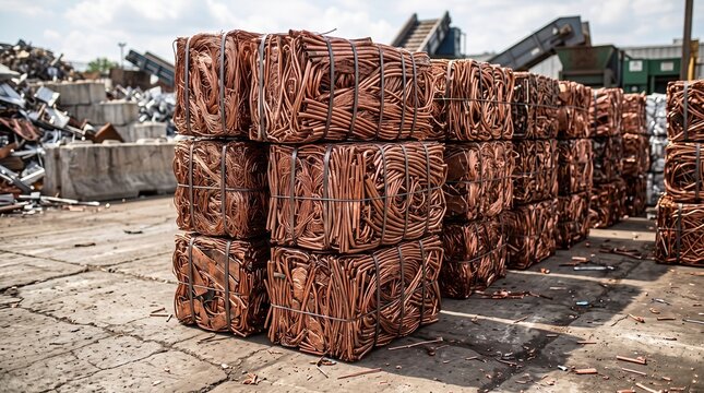 Copper Wire Scrap Bales Stacked On Cracked Concrete In A Scrap Yard