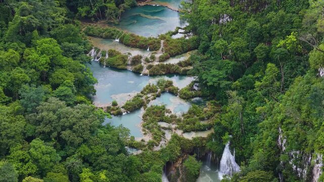 Aerial View of Stepped Turquoise Pools at Semuc Champey