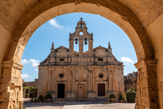 Arkadi, Greece - October 03, 2026 - Unobstructed View of Church Facade and Main Entrance Arch at Arkadi Monastery