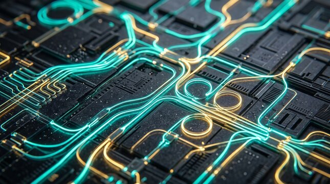 Photonic Chip Light Render With Cyan And Gold Light Paths Winding Between Etched Blocks And Looping Into Ring Resonators On A Dark Chip Surface
