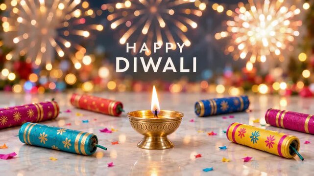 Festive Diwali night with glowing brass diya colorful firecrackers bright fireworks and Happy Diwali greeting for the Festival of Lights