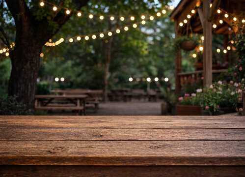 Empty rustic wooden table top with blurred garden restaurant background illuminated by string lights