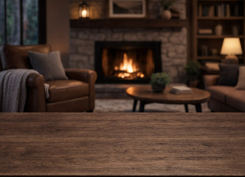 Empty wooden table top in front of a cozy living room with fireplace