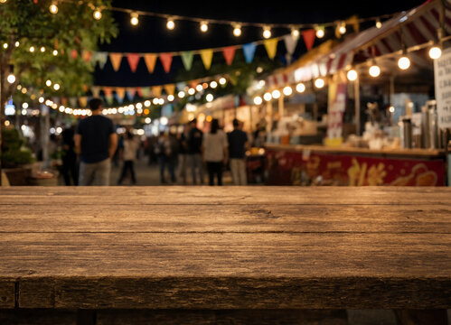Empty old wooden table top with blurred night street food market background for product display
