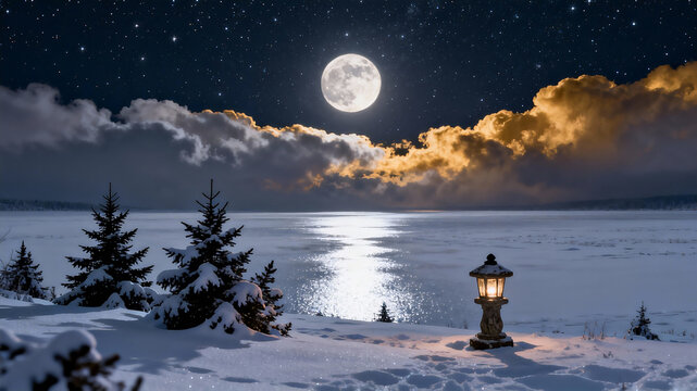Snowfield under the full moon