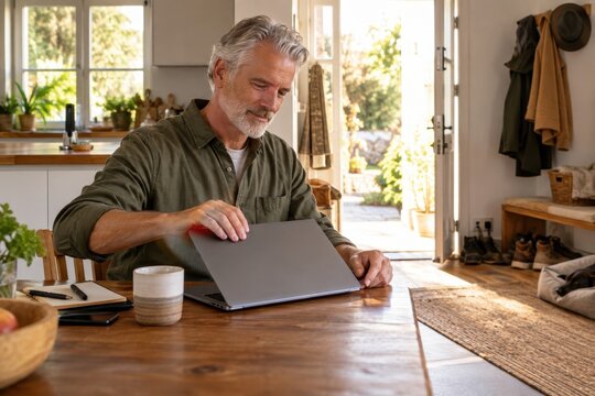 Man closing laptop at kitchen table setting work life boundary at home