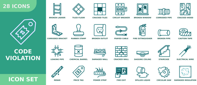 Set of 28 code violation icons representing building safety, construction hazards, structural damage, and property maintenance issues for inspection and compliance reports