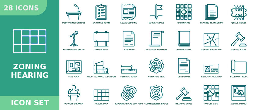 Zoning hearing icon set, urban planning and municipal development symbols, vector illustration for government and real estate projects