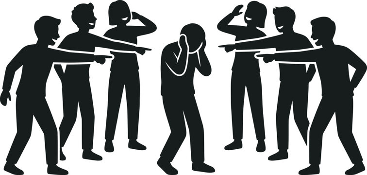 Victim being bullied and pointed at by a group of people in silence