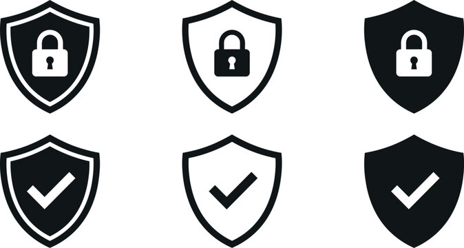 Trust badge shield vector icons set, SSL padlock and verified protection symbols