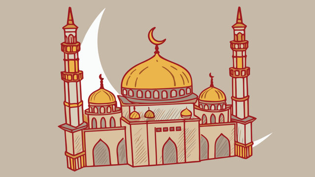 Islamic mosque illustration with golden domes and minarets