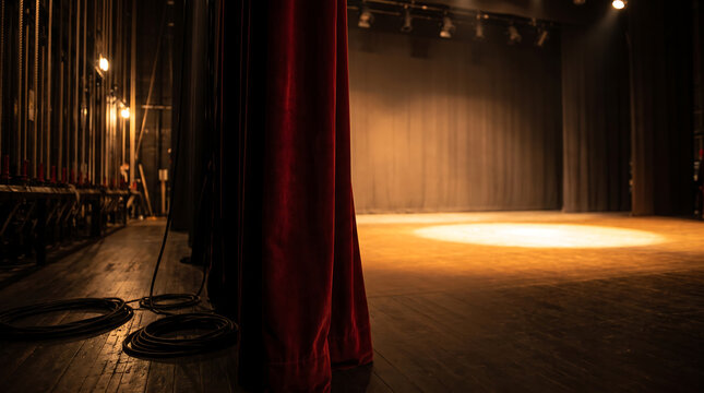 Empty theatre stage with warm spotlight, red velvet curtain, black drapes, wooden floor, lighting equipment, and backstage cables in an indoor performing arts venue