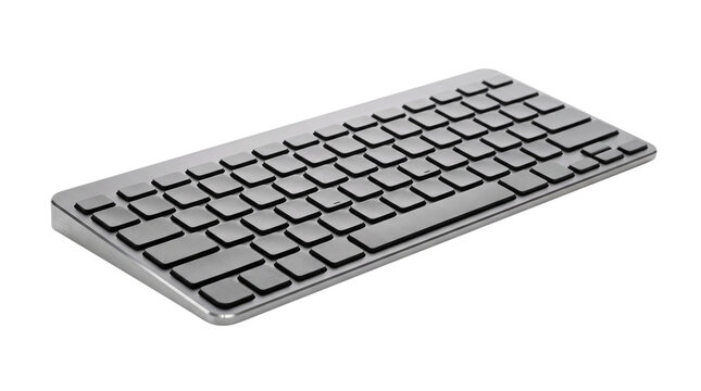 Modern wireless computer keyboard, sleek silver keypad isolated on white background, modern office technology hardware for corporate workplace