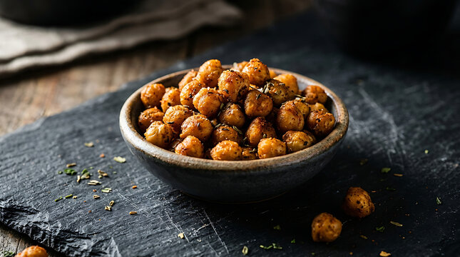 Small bowl of roasted chickpeas on a slate surface
