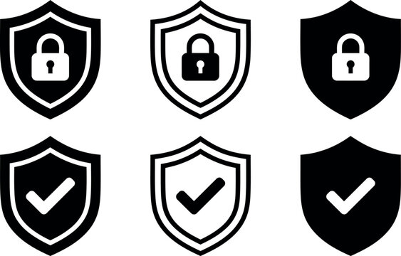 Secure SSL shield icons set, double border padlock guard and verified checkmark badges