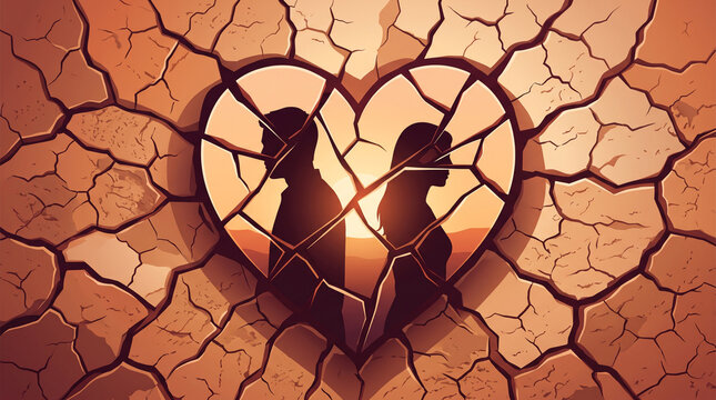 Broken heart silhouette of a couple standing apart on cracked dry earth background