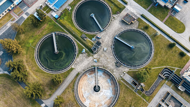 Aerial drone shot of municipal water treatment