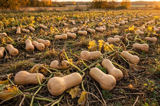 Rows of harvested butternut squash in a farm field.