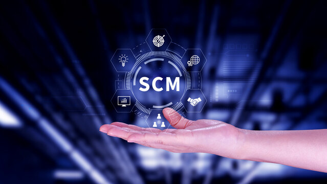 SCM concept, Supply Chain Management, Logistic and transport, Communication network. organizing and controlling resources to meet the needs of customers.